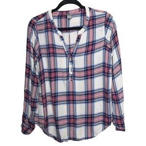 Bass Pink Plaid Check Print Popover Long Sleeve Button Up Shirt
